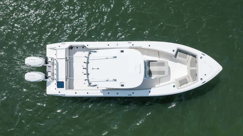  Yacht Photos Pics 2024 Solace 32 CS boat, aerial view, on open water.