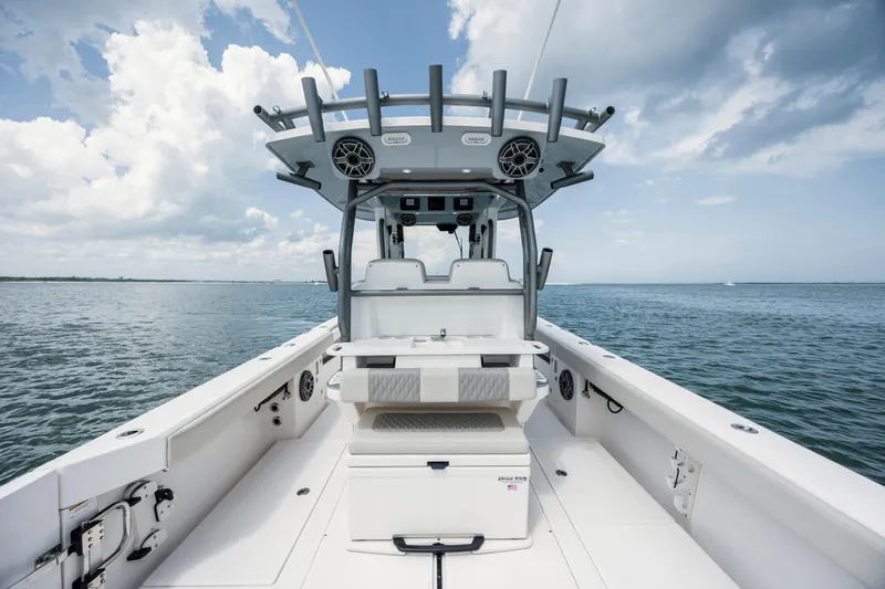  Yacht Photos Pics 2024 Solace 32 CS boat on open water under a cloudy sky.