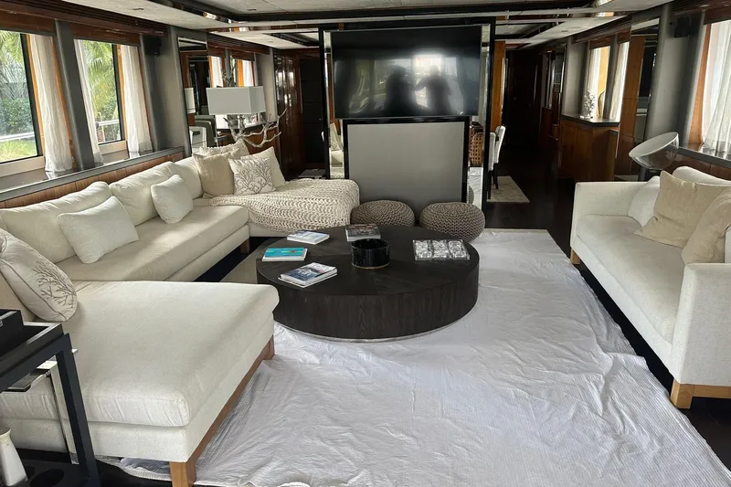 Blue Yacht Photos Pics Luxurious interior of a 2011 Azimut 112 yacht with elegant seating and decor.