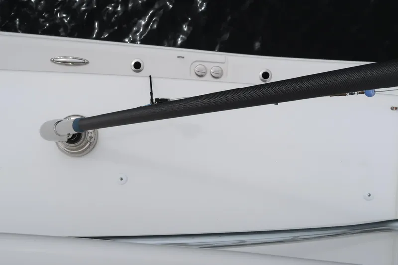 Bad Habit Yacht Photos Pics Top view of a 2016 Invincible 42 Open Fisherman boat's deck and fishing rod holder.
