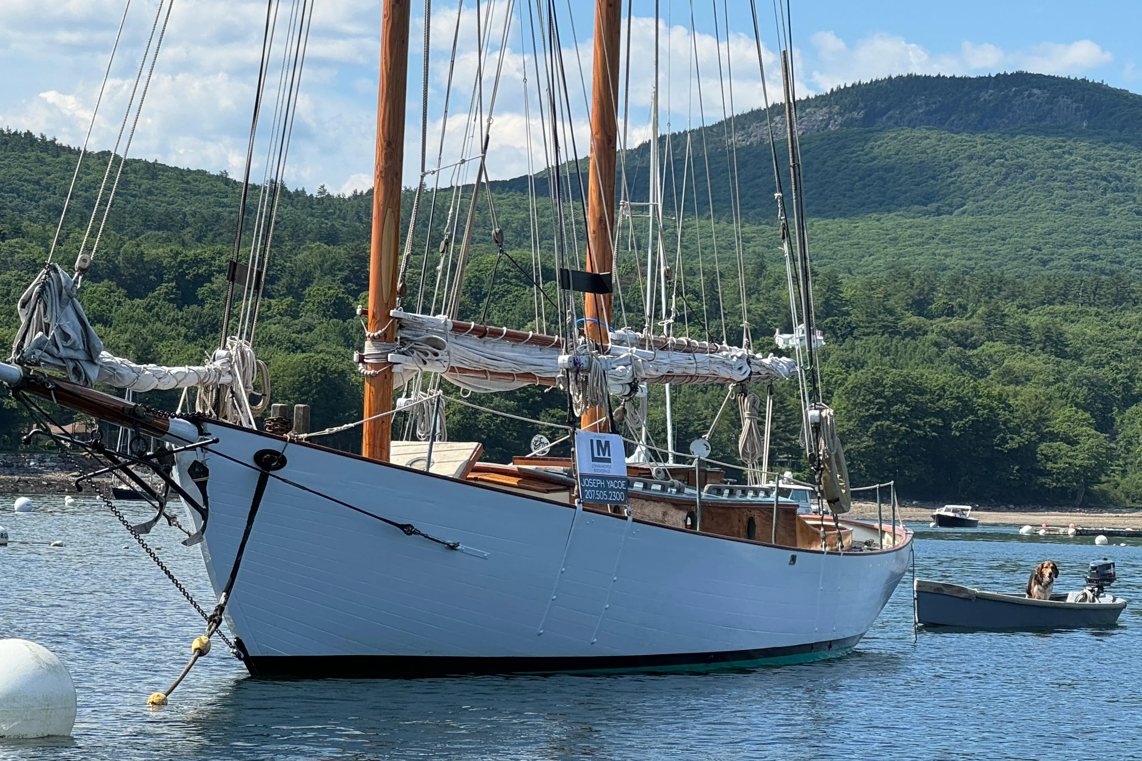 Sailboat "John Alden Malabar II" anchored in scenic bay, 1996 model, lush green hills in background.