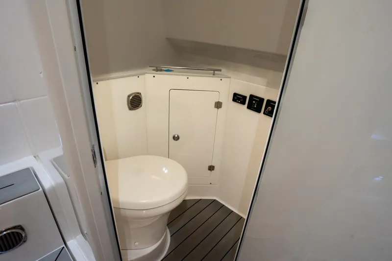  Yacht Photos Pics 2024 HCB 42 Lujo boat bathroom with modern fixtures and sleek design.