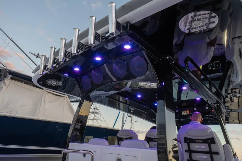  Yacht Photos Pics 2024 HCB 42 Lujo boat interior with illuminated ceiling and seating.