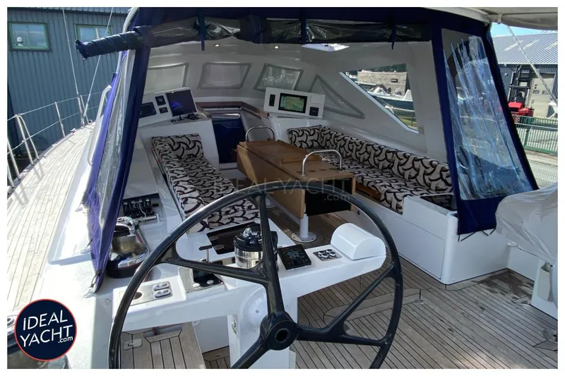 Mary Blue 3 Yacht Photos Pics 2008 Garcia 65ft Aluminium Centerboard yacht cockpit with steering wheel and seating area.