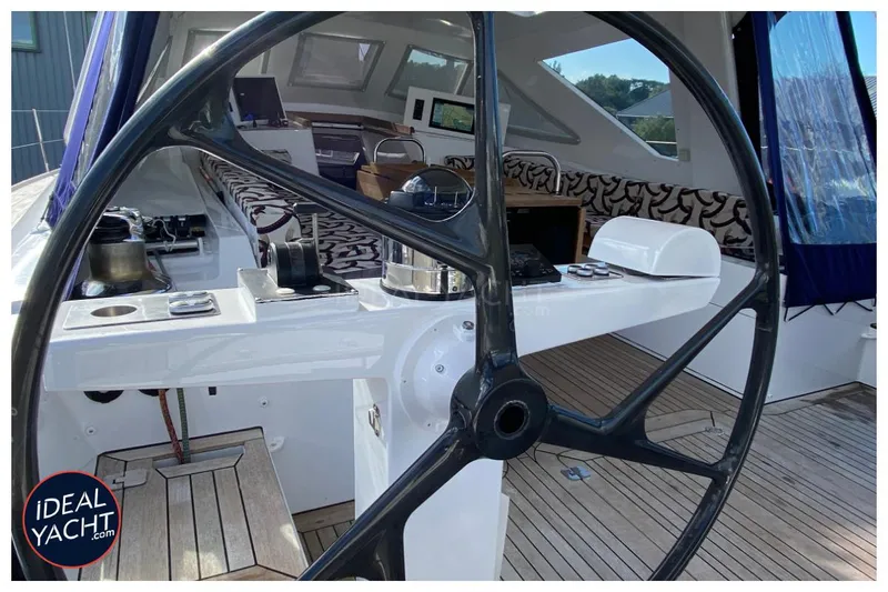 Mary Blue 3 Yacht Photos Pics Steering wheel of 2008 Garcia 65ft Aluminium Centerboard yacht, featuring modern cockpit design.