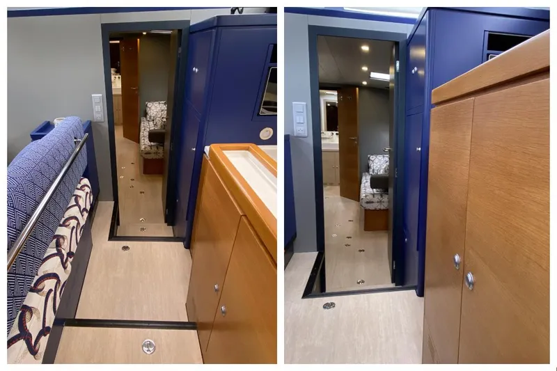 Mary Blue 3 Yacht Photos Pics Interior of 2008 Garcia 65ft Aluminium Centerboard yacht, featuring modern wood and blue accents.