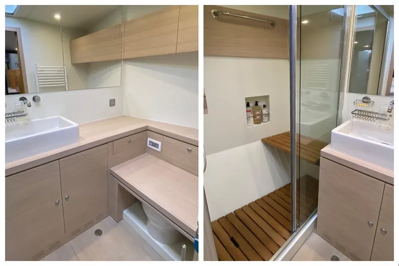 Mary Blue 3 Yacht Photos Pics Modern bathroom in 2008 Garcia 65ft Aluminium Centerboard yacht with sleek fixtures and wooden accents.