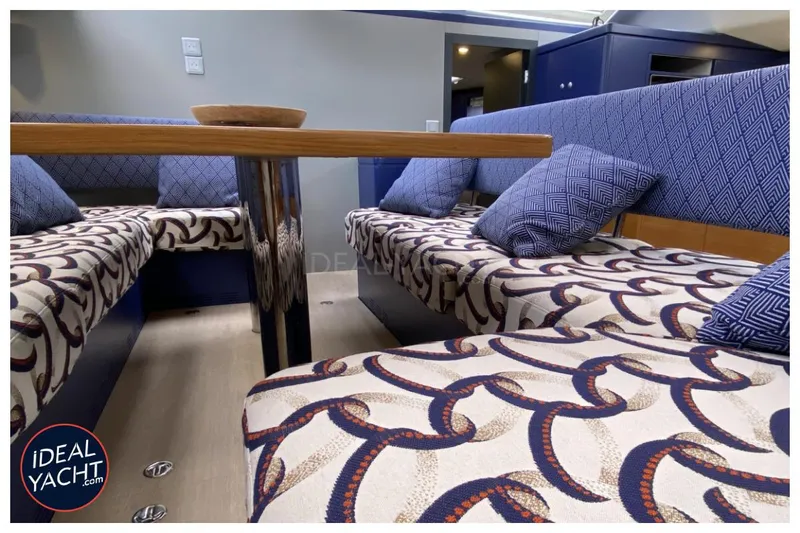 Mary Blue 3 Yacht Photos Pics Luxurious interior of 2008 Garcia 65ft Aluminium Centerboard yacht with patterned seating and cushions.