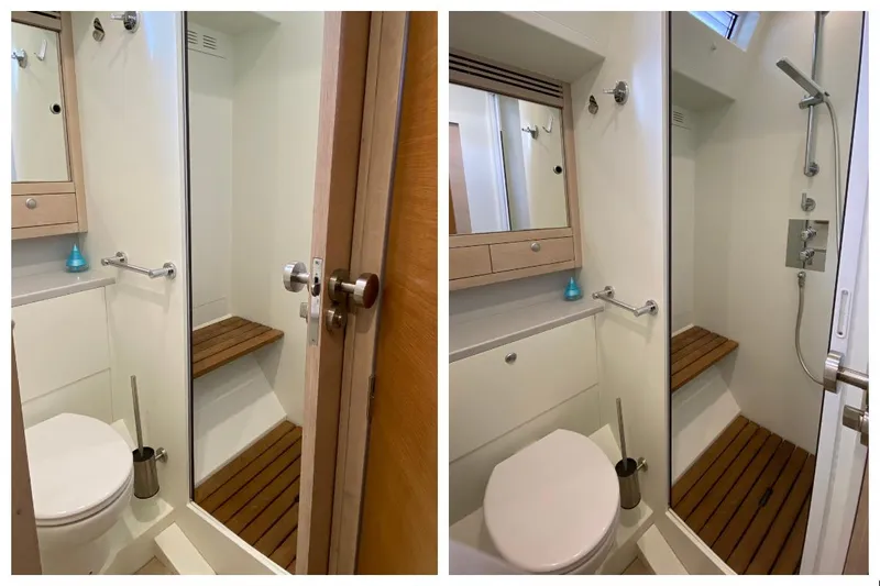 Mary Blue 3 Yacht Photos Pics Compact bathroom on 2008 Garcia 65ft Aluminium Centerboard yacht, featuring shower and toilet.