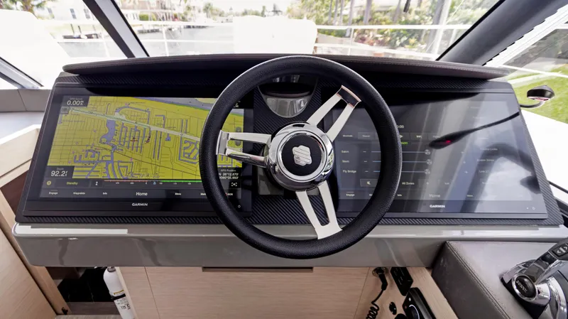 A New Hope Yacht Photos Pics Steering wheel and dashboard of 2018 Fountaine Pajot MY 44 yacht.