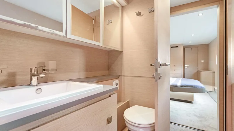 A New Hope Yacht Photos Pics Luxurious bathroom interior on 2018 Fountaine Pajot MY 44 yacht, featuring modern fixtures and spacious design.