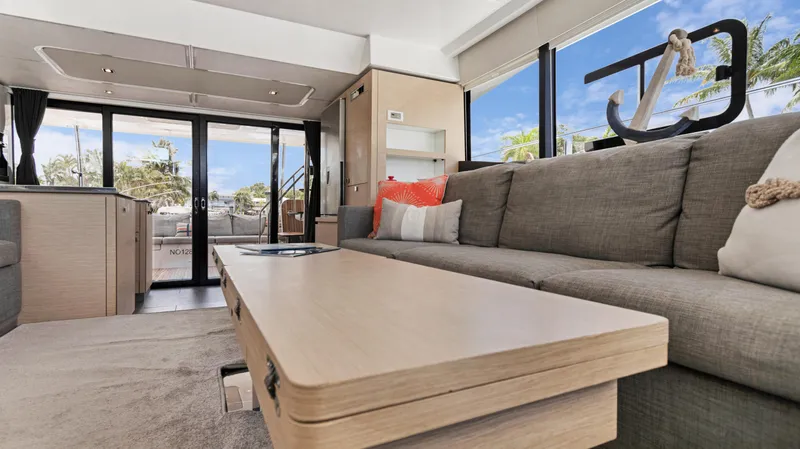 A New Hope Yacht Photos Pics Luxurious interior of 2018 Fountaine Pajot MY 44 yacht with modern furnishings.