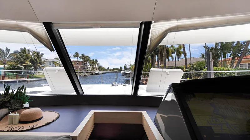 A New Hope Yacht Photos Pics Interior view from 2018 Fountaine Pajot MY 44 yacht, showcasing scenic waterfront.