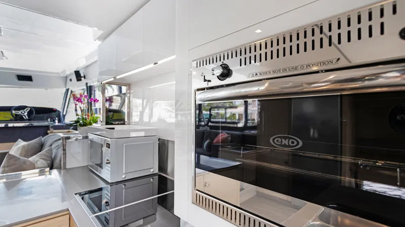 A New Hope Yacht Photos Pics Modern kitchen interior of 2018 Fountaine Pajot MY 44 yacht with sleek appliances.