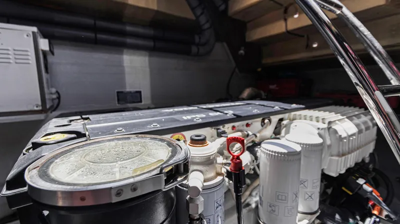 A New Hope Yacht Photos Pics Engine room of 2018 Fountaine Pajot MY 44 yacht, showcasing mechanical components.