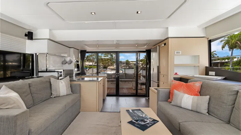 A New Hope Yacht Photos Pics Luxurious interior of 2018 Fountaine Pajot MY 44 yacht with modern furnishings and scenic views.