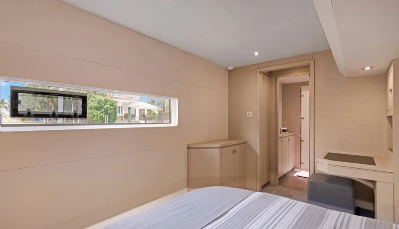 A New Hope Yacht Photos Pics Luxurious cabin interior of 2018 Fountaine Pajot MY 44 yacht, featuring modern design and natural light.