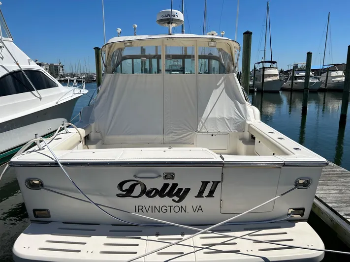 Chaos Yacht Photos Pics 1996 Tiara Yachts 4300 Open docked, rear view, named "Dolly II," Irvington, VA.