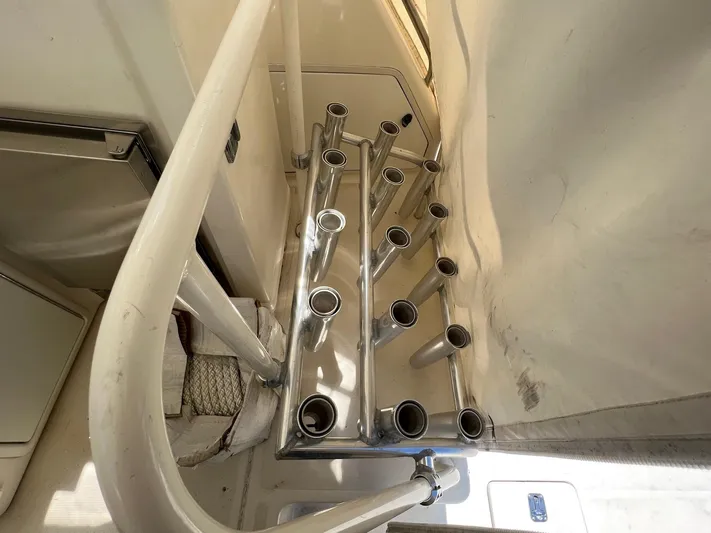 Chaos Yacht Photos Pics Rod holders on a 1996 Tiara Yachts 4300 Open, viewed from above.