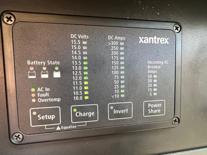 Chaos Yacht Photos Pics Control panel of a 1996 Tiara Yachts 4300 Open, displaying battery and power settings.