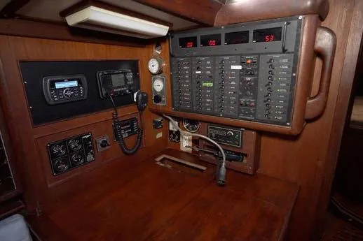  Yacht Photos Pics Navigation and control panel of a 1984 Little Harbor LH44 yacht, featuring various instruments and gauges.