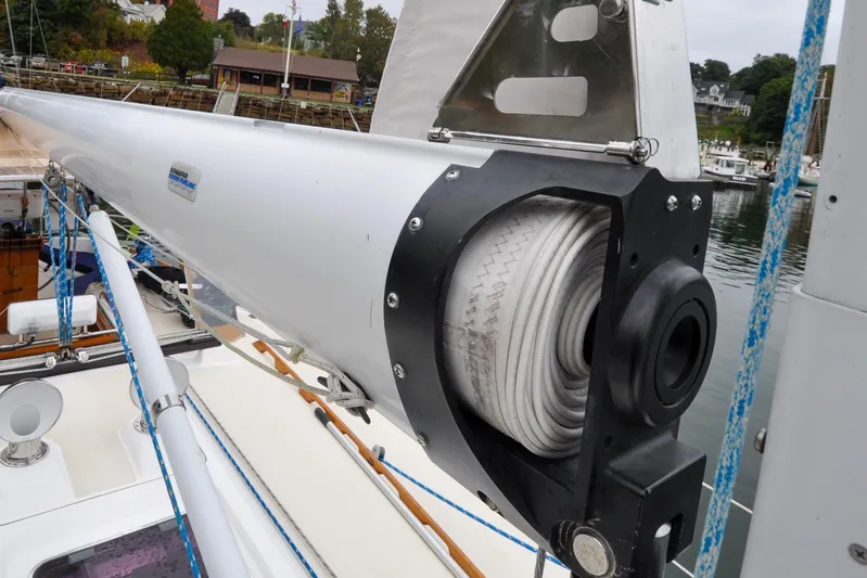 Jezebel Yacht Photos Pics Close-up of a 2004 Sabre 426 sailboat's mast and rigging in a marina.