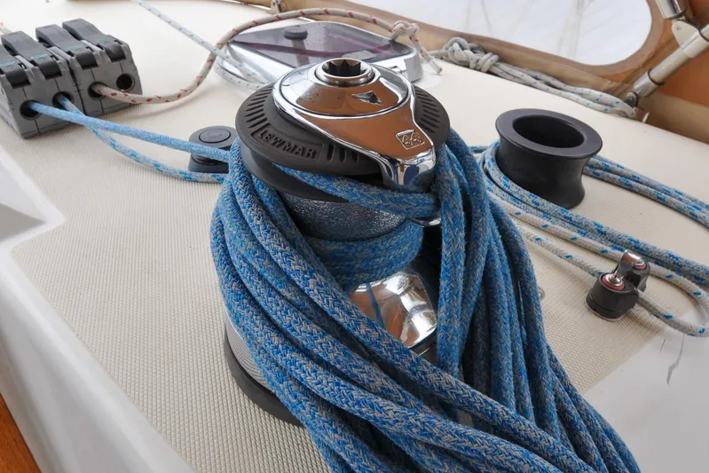Jezebel Yacht Photos Pics Sailing winch with blue rope on 2004 Sabre 426 yacht deck.