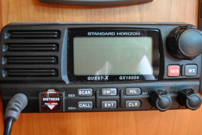 Jezebel Yacht Photos Pics Standard Horizon GX1500S marine radio on 2004 Sabre 426 yacht dashboard.