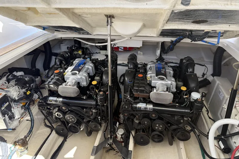  Yacht Photos Pics Engine compartment of a 2011 Sea Ray 370 Sundancer with dual engines.
