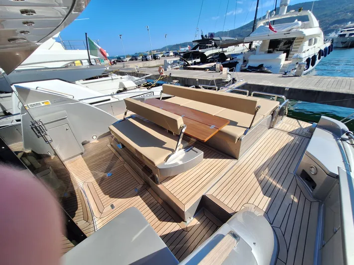 Vida II Yacht Photos Pics Luxury 2007 Riva 68 Ego yacht with spacious deck and seating at marina.