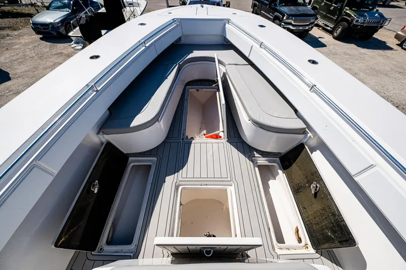  Yacht Photos Pics 2015 SeaHunter 37 Tournament boat interior with open storage compartments.