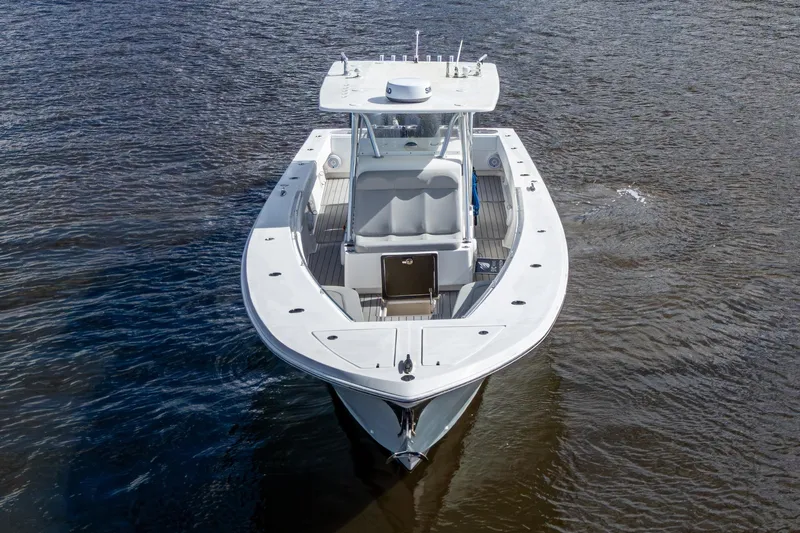  Yacht Photos Pics 2015 SeaHunter 37 Tournament boat on water, aerial view.