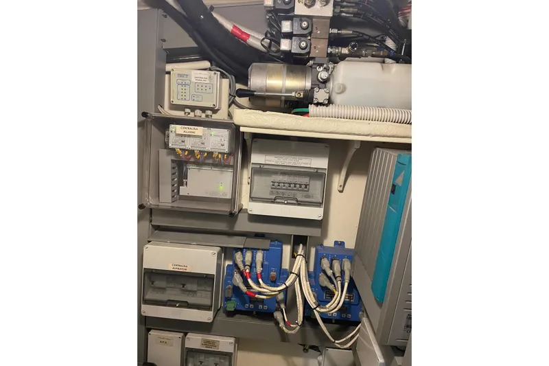  Yacht Photos Pics Electrical panel and wiring inside a 2016 Riva 52' Rivale yacht.