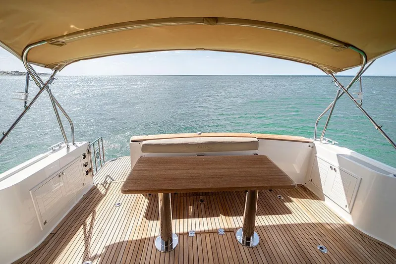 Compass Yacht Photos Pics Grand Banks 44 Eastbay SX 2020 yacht deck with wooden table, ocean view, and canopy.