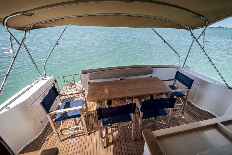 Compass Yacht Photos Pics Outdoor seating area on 2020 Grand Banks 44 Eastbay SX yacht with ocean view.