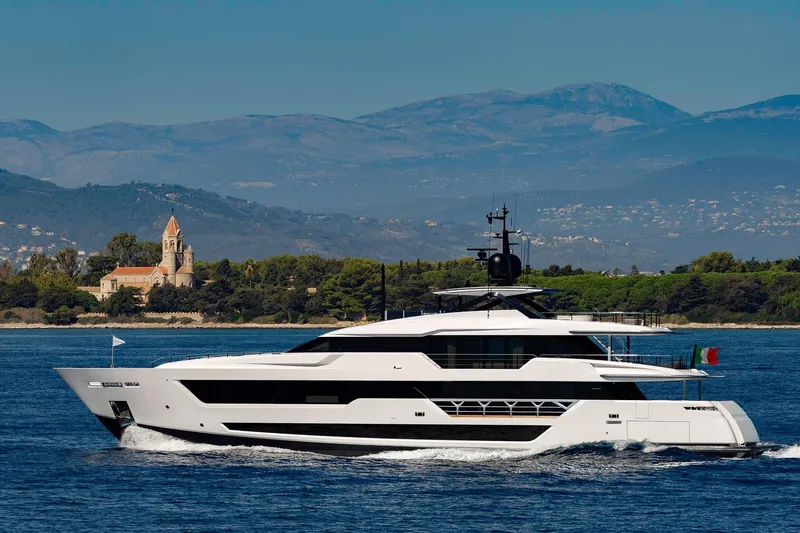 Miotu Yacht Photos Pics Luxury yacht Custom Line CL 140 cruising near scenic coastline, 2022 model.