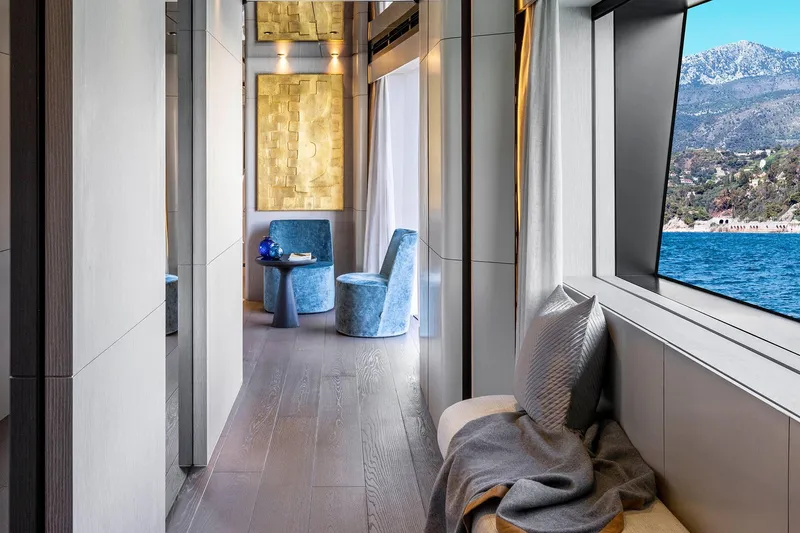 Miotu Yacht Photos Pics Luxurious interior of 2022 Custom Line CL 140 yacht with ocean view.