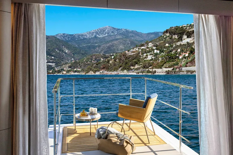 Miotu Yacht Photos Pics Luxury yacht Custom Line CL 140, 2022, with scenic ocean and mountain view.