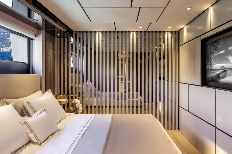 Miotu Yacht Photos Pics Luxurious 2022 Custom Line CL 140 yacht bedroom with modern design and elegant decor.
