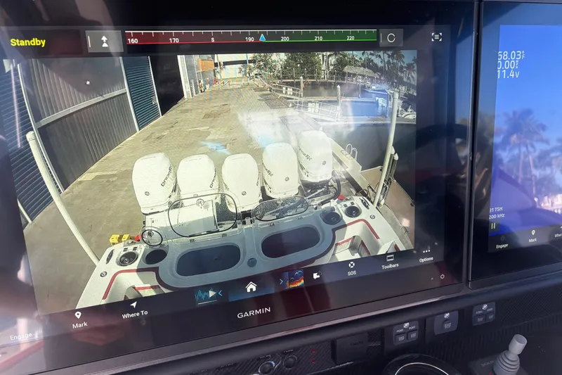  Yacht Photos Pics Garmin display on 2022 Nor-Tech 452 Super Fish boat, showing rear view camera.