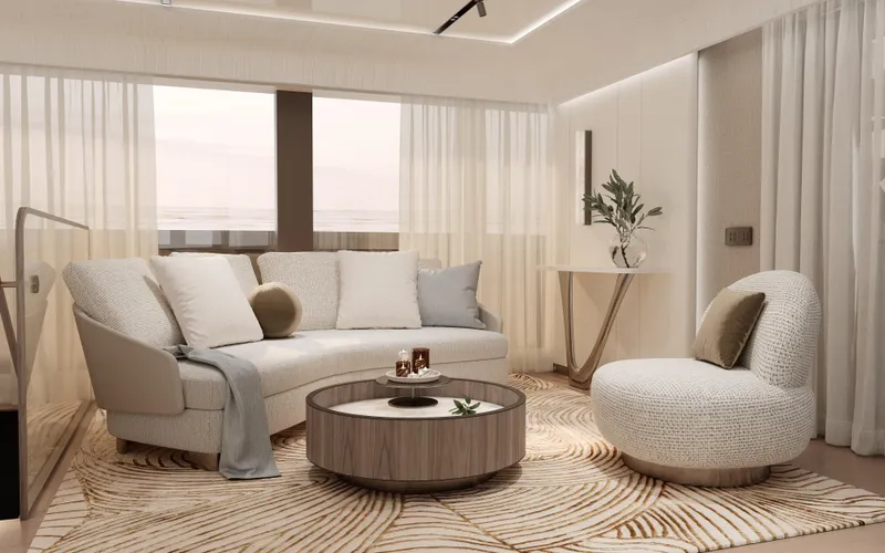  Yacht Photos Pics Luxurious Sunreef 88 Ultima 2026 yacht interior with elegant seating and modern decor.