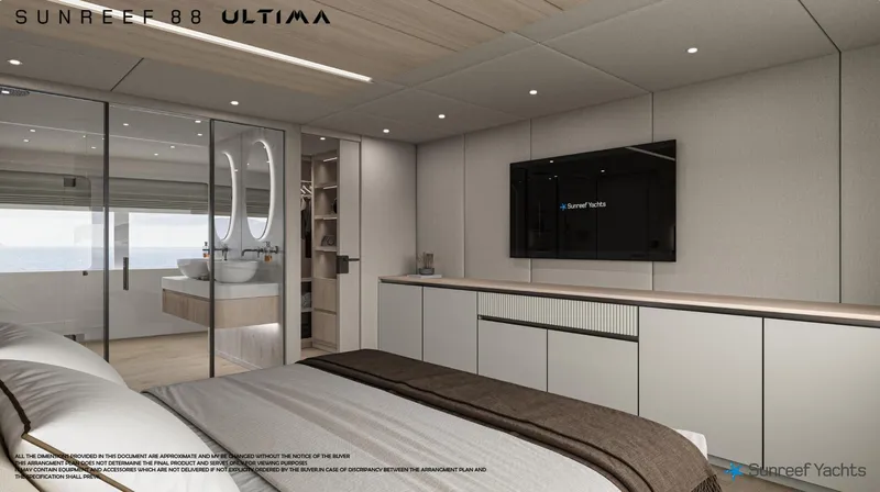  Yacht Photos Pics Luxurious interior of 2026 Sunreef 88 Ultima yacht with modern bedroom and ensuite bathroom.