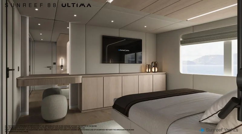  Yacht Photos Pics Luxurious interior of 2026 Sunreef 88 Ultima yacht, featuring modern bedroom design and elegant furnishings.
