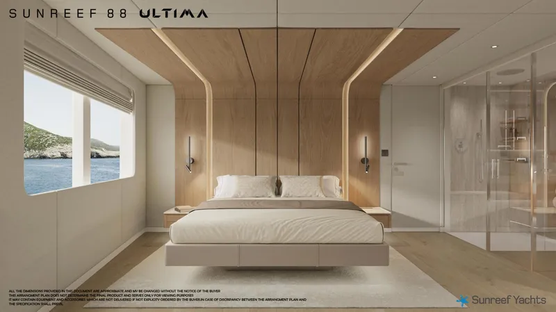  Yacht Photos Pics Luxurious Sunreef 88 Ultima 2026 yacht bedroom with modern design and ocean view.