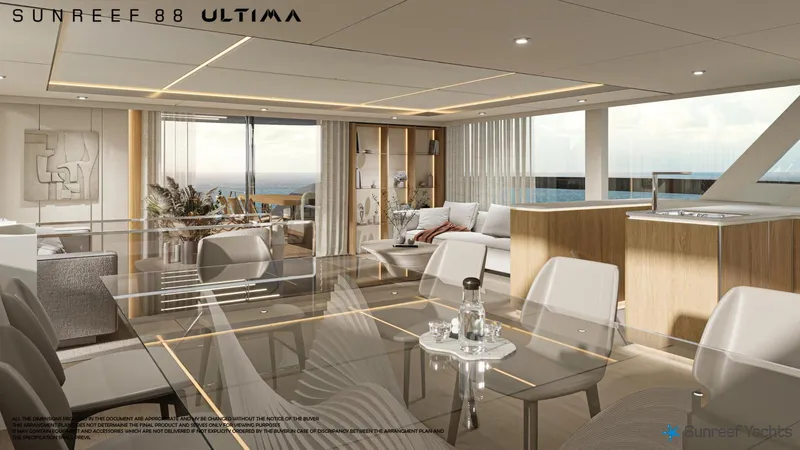  Yacht Photos Pics Luxurious interior of 2026 Sunreef 88 Ultima yacht with modern furnishings and ocean view.
