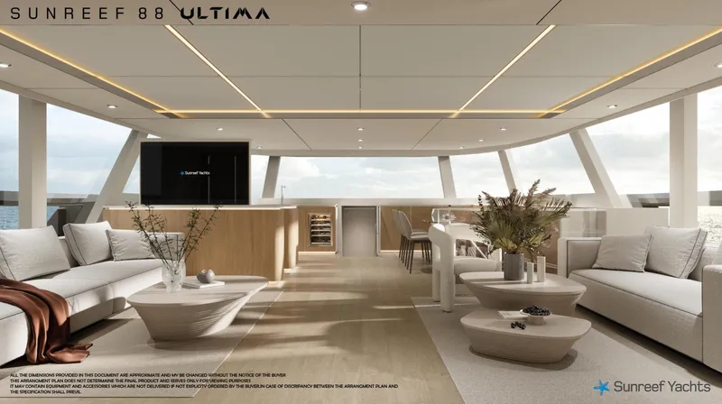  Yacht Photos Pics Luxurious interior of 2026 Sunreef 88 Ultima yacht with modern furnishings and panoramic ocean views.