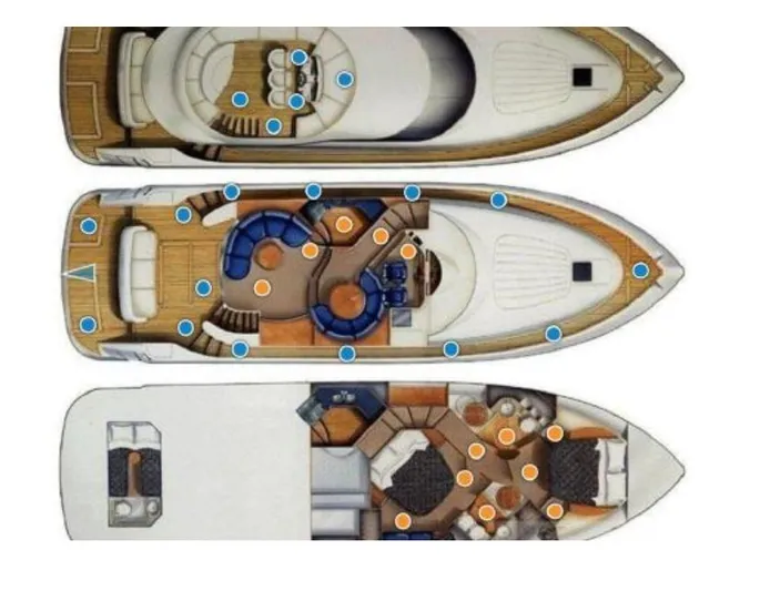  Yacht Photos Pics Floor plan of a 2000 Fairline Squadron 52 yacht, showcasing three detailed levels.