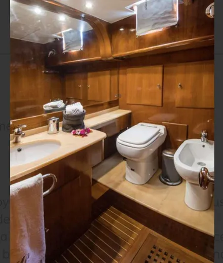 Sea Prince Yacht Photos Pics Luxurious wooden bathroom in a 1953 Abeking & Rasmussen Motor Sailer yacht.