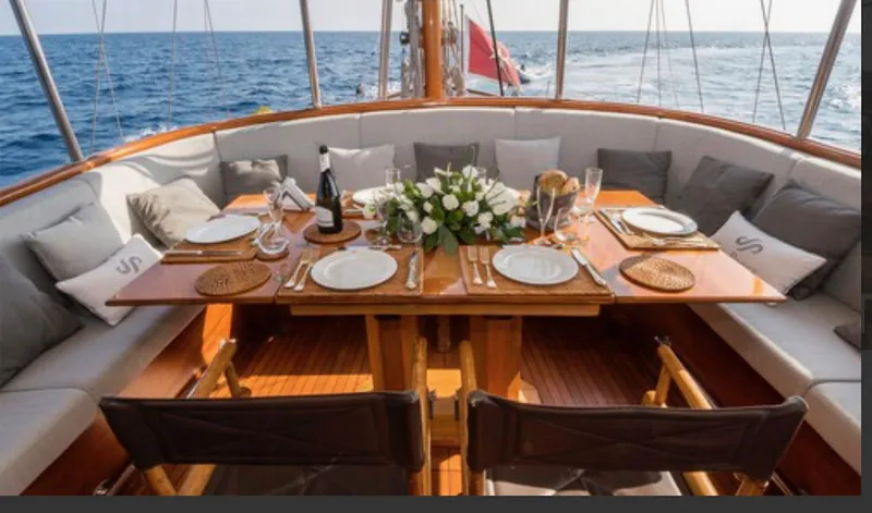 Sea Prince Yacht Photos Pics Luxurious dining setup on 1953 Abeking & Rasmussen Motor Sailer, with ocean view.
