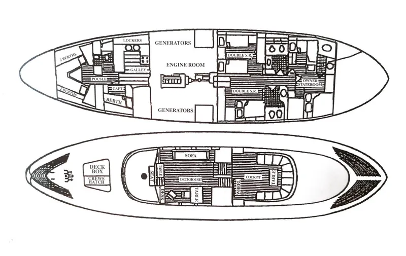 Sea Prince Yacht Photos Pics Floor plan of a 1953 Abeking & Rasmussen Motor Sailer, showing detailed interior layout.